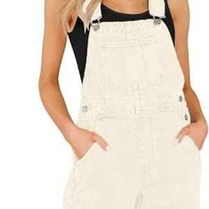 Women's Cream Adjustable Strap Boyfriend Denim Bib Overalls